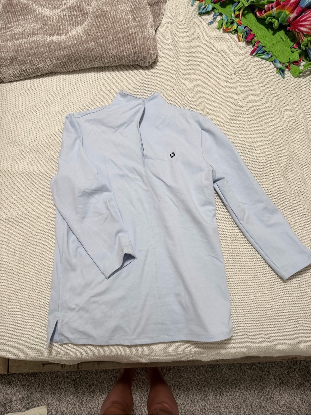Chase Bank Pale Blue Mock Neck Quarter Sleeve Top